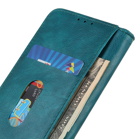Etui z klapką do Honor 400 Lite – zielone, skórzane, z funkcją podstawki i kieszenią na kartę