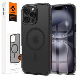 Etui z MagSafe Spigen do iPhone 16 Pro, Ultra Hybrid "T", matowe przezroczyste / czarne + Szkło