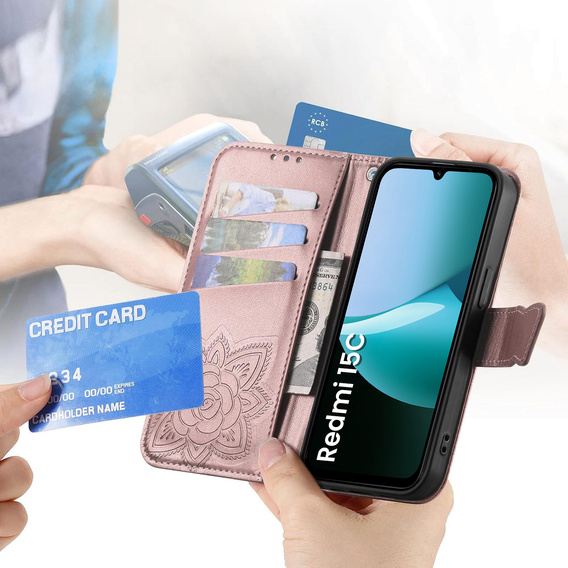 Etui z klapką do Xiaomi Redmi 15C 4G/LTE, Butterfly, różowe rose gold