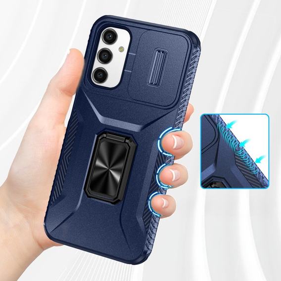 Etui do Samsung Galaxy A15, pancerne Slide Ring, niebieskie + szkło 9H