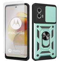 Zestaw Etui do Motorola Moto G73 5G pancerne, z ochroną aparatu i ringiem, zielone + szkło