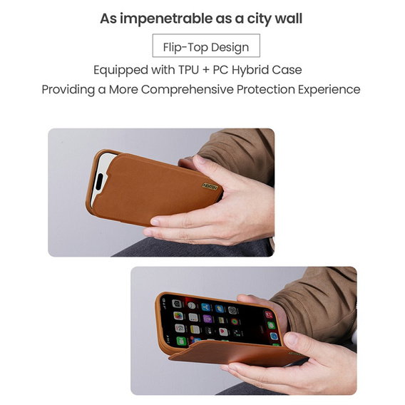 Etui z klapką NILLKIN do iPhone 17 Pro Max, CamShield Qin Pro, skórzane, brązowe