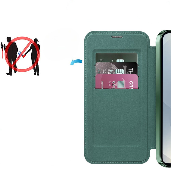 Etui z klapką do Samsung Galaxy S25, RFID Wallet MagSafe z ochroną aparatu, zielone