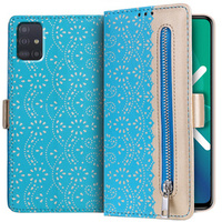 Etui z klapką do Samsung Galaxy A51, Wallet Pocket Zipper Lace, niebieskie