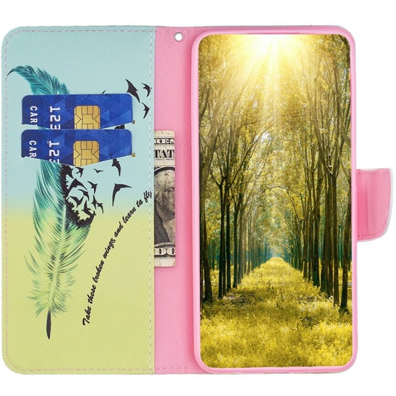 Etui z klapką do Samsung Galaxy A05s, Wallet, Feather niebieskie / żółte