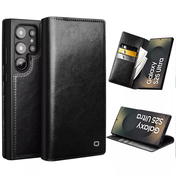 Etui z klapką do Samsung Galaxy S25 Ultra, QIALINO Leather Wallet, czarne