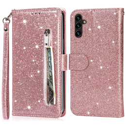 Etui z klapką do Samsung Galaxy A56 5G, Wallet Zipper Pocket Glittery, różowe rose gold
