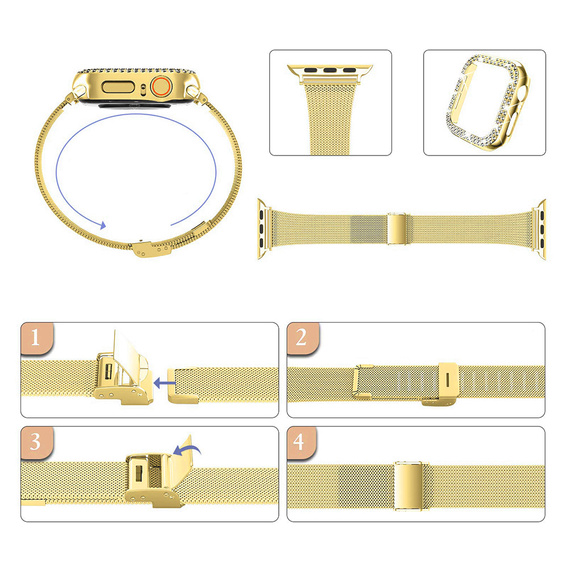 Bransoleta + Etui z Diamentami do Apple Watch 10/11 42mm, Złota