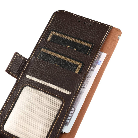 Skórzane Etui KHAZNEH RFID do Motorola Moto G04 / G24 / G24 Power, Litchi Texture, brązowe
