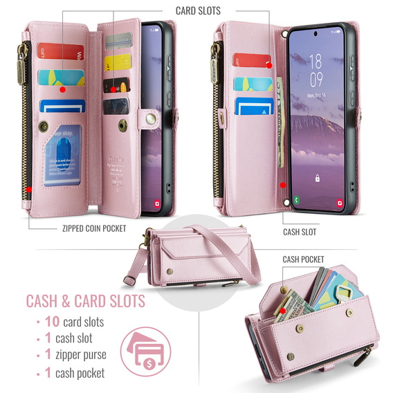 Etui CASEME do Samsung Galaxy S25 FE, RFID Leather Wallet, z paskiem na ramię, różowe