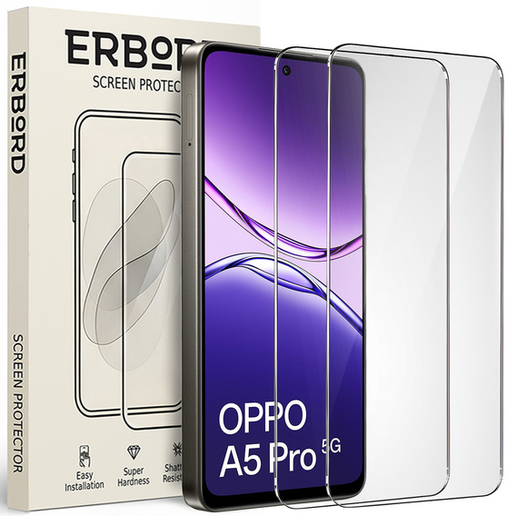 2x Szkło Hartowane do Oppo A5 Pro 5G, ERBORD 9H Hard Glass, szybka