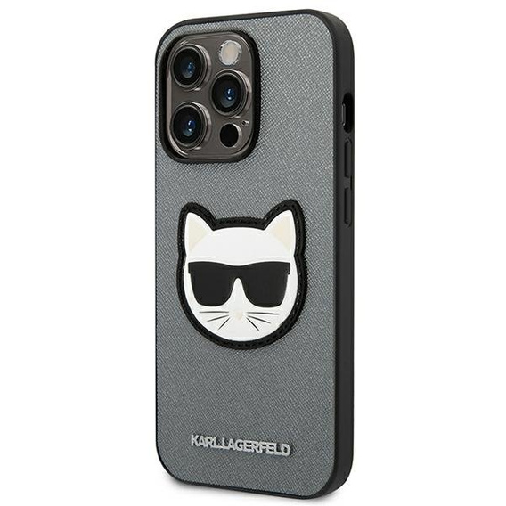 Etui Karl Lagerfeld do iPhone 14 Pro, Saffiano Choupette Head Patch, srebrne