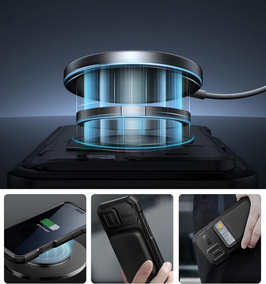 Etui pancerne do iPhone 16, Dexnor CamProtect MagSafe, z folią prywatyzującą, czarne (Dwie ramki)