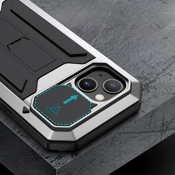 Etui do iPhone 13 Mini, R-JUST CamShield Slide, pancerne, srebrne / czarne