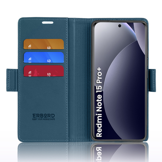 Etui do Xiaomi Redmi Note 15 Pro Plus 5G / Poco M8 Pro 5G, ERBORD Glossy Litchi, portfel z klapką, niebieskie