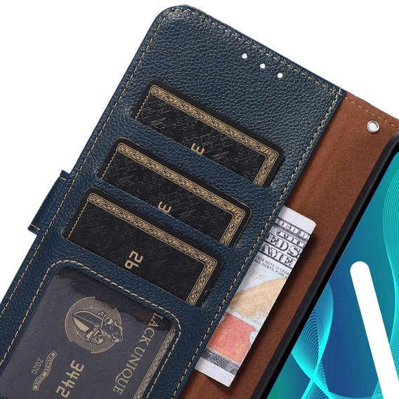 Etui z klapką do Motorola Edge 40 5G, KHAZNEH RFID, niebieskie / brązowe