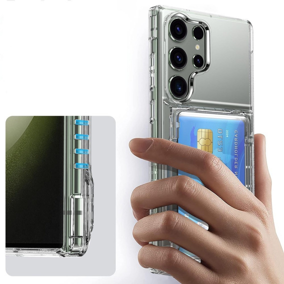 Przezroczyste etui do Samsung Galaxy S25 Ultra – PC + TPU, z kieszonką na kartę i funkcją podstawki
