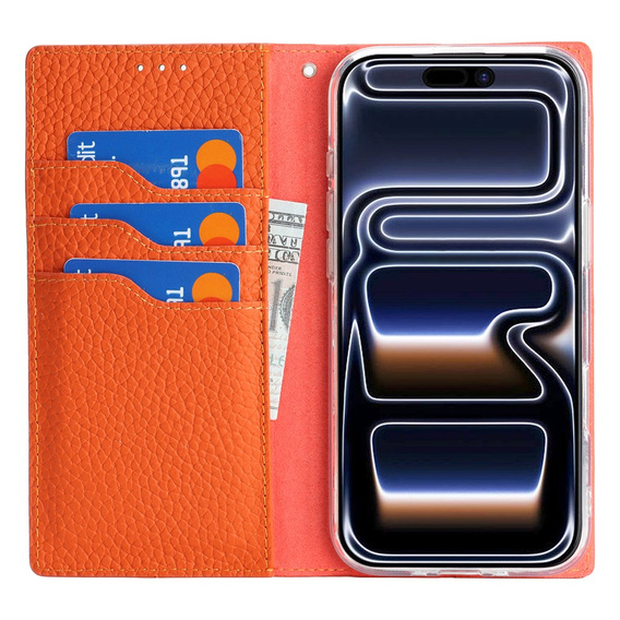 Etui z klapką do iPhone 17 Pro, Litchi Skin Grain, pomarańczowe