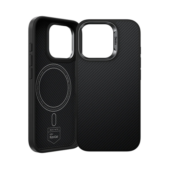 Etui BENKS Kevlar Armor PRO do iPhone 16 Pro, Carbon Fiber 600D D065, do MagSafe, aktywny przycisk – czarne