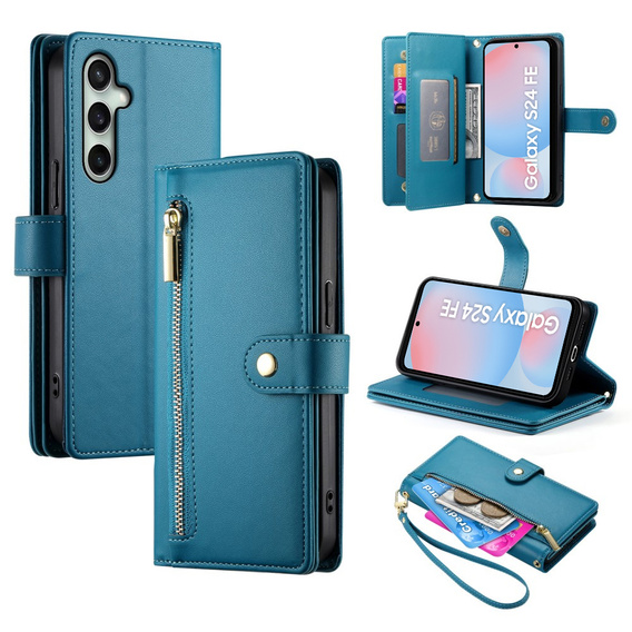 Etui z klapką do Samsung Galaxy S24 FE, Wallet Zipper Pocket, niebieskie