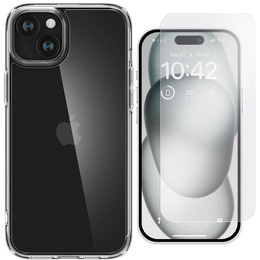 Etui Spigen do iPhone 15, Ultra Hybrid, przezroczyste + Szkło Hartowane 9H