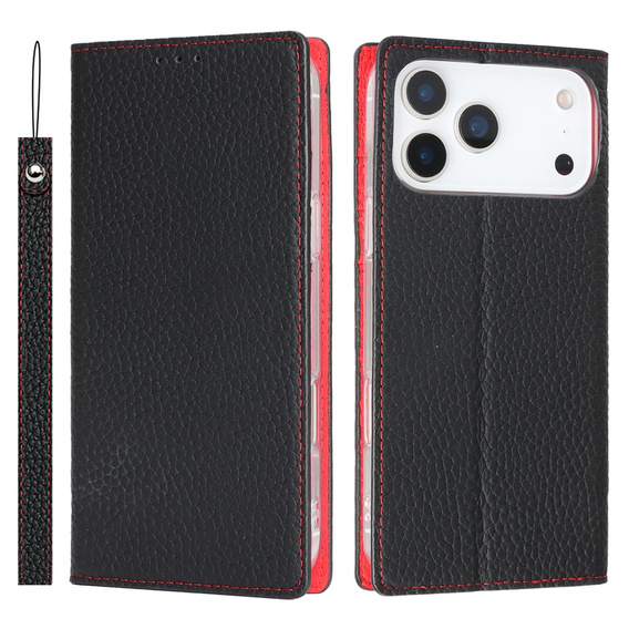 Etui z klapką do iPhone 17 Pro, Litchi Skin Grain, czarne