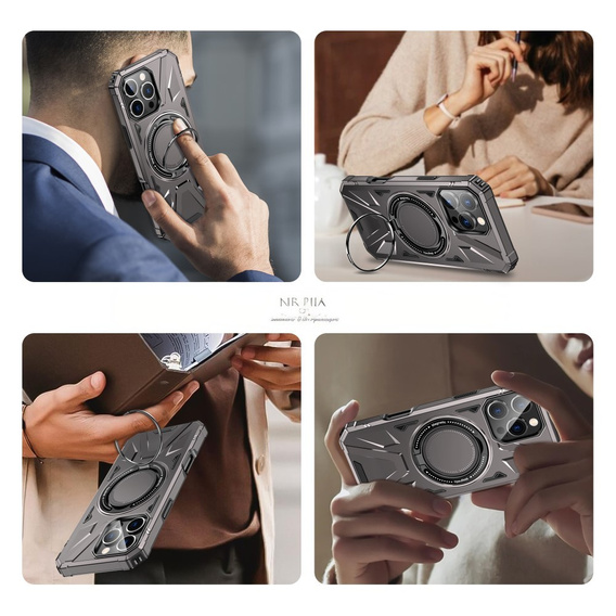 Etui do iPhone 16 Pro Max, pancerne z podstawką i blaszką do uchwytu, szare