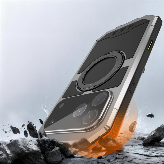 Etui pancerne do iPhone 17 Pro Max, R-JUST, do MagSafe, z podstawką, srebrne