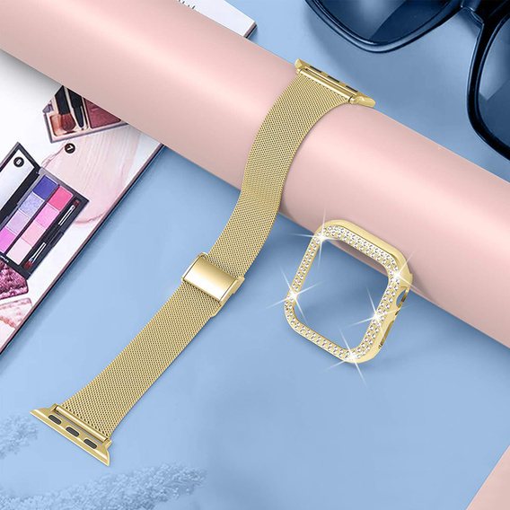 Bransoleta + Etui z Diamentami do Apple Watch 7/8 41mm, Złota