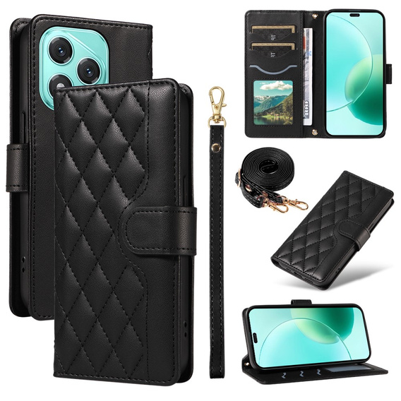 Etui portfelowe Rhombus ze skóry ekologicznej z paskiem do Honor 400 Lite – Czarne