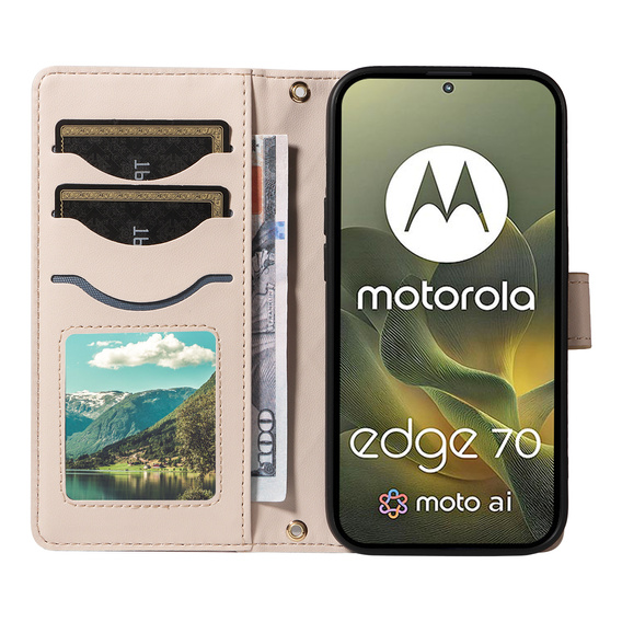 Etui z klapką do Motorola Edge 70, Rhombus Crossbody Leather, beżowe