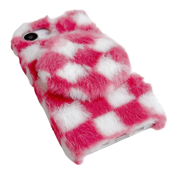 Etui do iPhone 16e, Fluffy Checkered Case, z lusterkiem, różowe