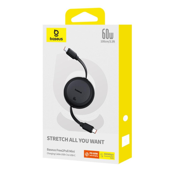 Baseus Free2Pull Mini – zwijany kabel USB‑C 60 W 1 m - czarny