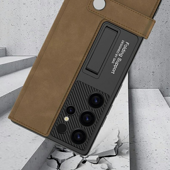 Etui GKK do Samsung Galaxy S25 Ultra z klapką, kieszenią na karty, podstawką i magnetycznym zamknięciem – brązowe