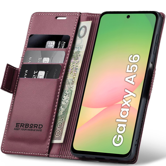 Etui do Samsung Galaxy A56 5G, ERBORD Glossy Litchi, portfel z klapką, czerwone