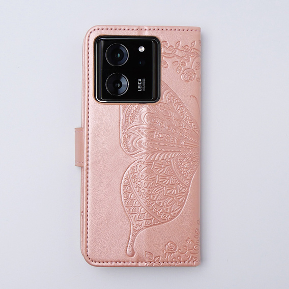 Etui z klapką do Xiaomi 13T / 13T Pro, Butterfly, różowe rose gold