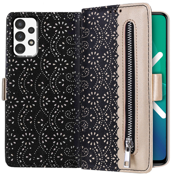 Etui z klapką do Samsung Galaxy A52 / A52s, Wallet Pocket Zipper Lace, czarne