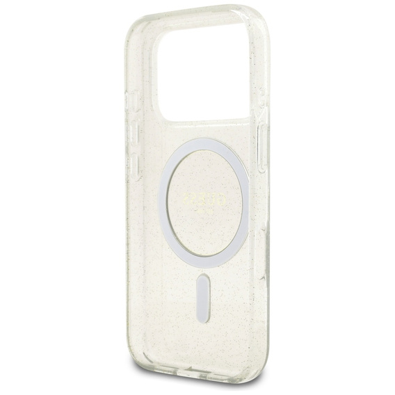 Etui GUESS do iPhone 17 Pro Max, IML Glitter Pearl Strap, do MagSafe, z paskiem, przezroczyste