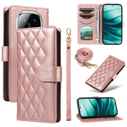 Etui z klapką do Xiaomi Redmi Note 14 Pro 5G / Xiaomi Redmi Note 14 Pro+ 5G / Xiaomi Poco X7 5G, Rhombus Crossbody Leather, różowe rose gold