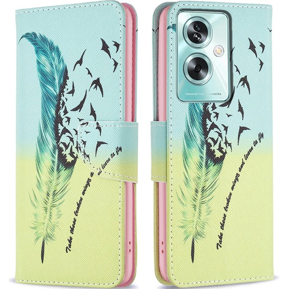 Etui z klapką do Oppo A79 5G, Wallet, Feather niebieskie / żółte