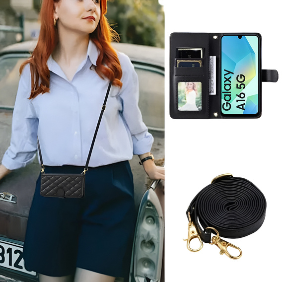 Etui z klapką do Samsung Galaxy A16 / A16 5G, Rhombus Crossbody Leather, czarne