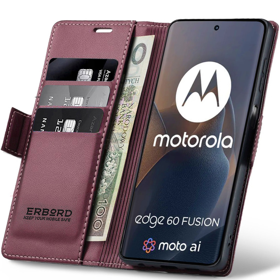 Etui do Motorola Edge 60 / 60 Fusion, ERBORD Glossy Litchi, portfel z klapką, czerwone