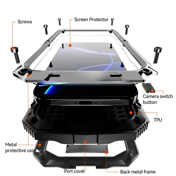Etui R-JUST do iPhone 17 Pro Max z wbudowaną ochroną ekranu - srebrne