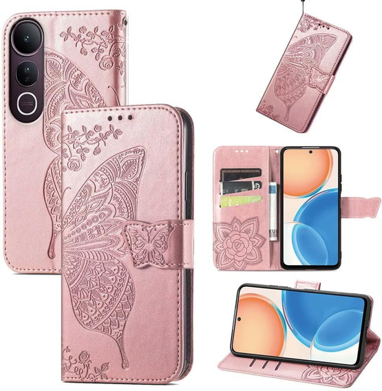 Etui z klapką do Vivo V50 Lite 4G / 5G, Butterfly, różowe rose gold