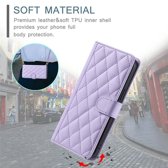 Etui z klapką do Samsung Galaxy S25 FE, Rhombus Crossbody Leather, fioletowe