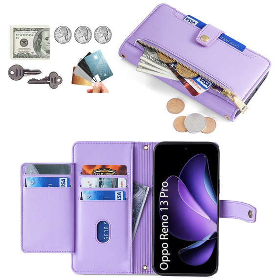 Etui z klapką do Oppo Reno 13 Pro, Wallet Zipper Pocket, fioletowe