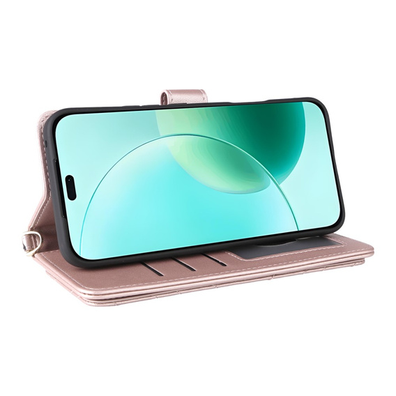 Etui portfelowe do Honor 400 Lite – pudrowy róż, z paskiem na ramię i nadgarstek, funkcją podstawki