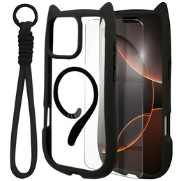 Etui do iPhone 16 Pro Max, do MagSafe, Cute Cat, czarne + Szkło na ekran