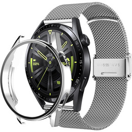 Bransoleta Milanese + Etui z osłoną na ekran do Huawei Watch GT 3 46mm, Srebrny