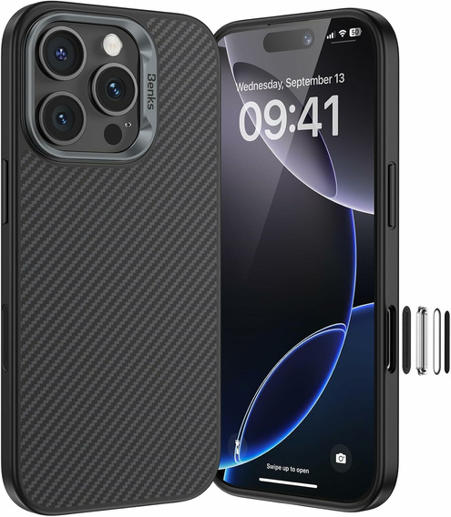 Etui BENKS Kevlar Armor PRO do iPhone 16 Pro, Carbon Fiber 600D D065, do MagSafe, aktywny przycisk – czarne